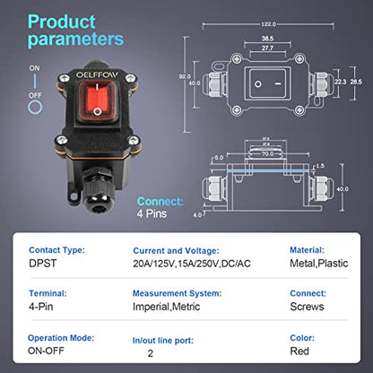 Waterproof On Off Toggle Switch Double Outlet with Red Light Rocker Button Inline Cord Switch DPST AC/DC 20A-125V,16A-250V,30A-24V,35A-12V, IP66 - color: Red/1 Switch/2 Outlet