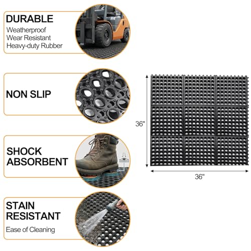 Yesland Anti-Fatigue Rubber Matting, 36 x 36 x 1/2 Inches, Black Dura Chef Anti-Slip Kitchen Mat for Restaurant Bar Floor, Bath Mat for Wet Areas, Garage, Garden Use - size: 36"L x 36"W x 0.5"Th