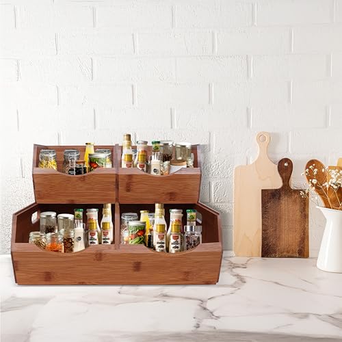 2-tier Stackable Bamboo Pantry Storage Bins, Potato & Onion Storage Baskets