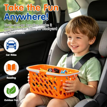 NUOBESTY Pretend Play Toy Shopping Basket 2 Pack - Orange Plastic Grocery Baskets with Handles for Toddlers, Mini Market Kitchen Accessories & Play Food Storage