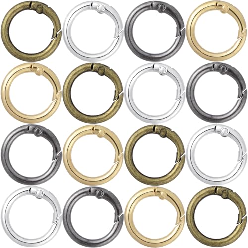 HINZIC Metal Spring O Rings, Round Colorful Keychain Snap Clip - color: Silver, Gold, Black, Ancient Cyan,16Pcs