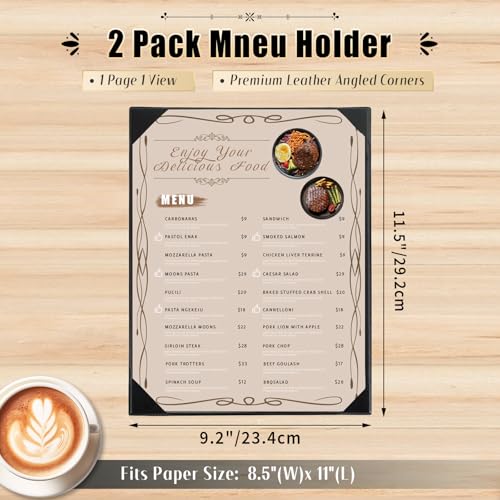 2 Pack Restaurant Menu Covers Holders 8.5" X 11", Single View Synthetic Leather Menu Holder Covers Book Style with Angled Corners Black for Wine List, Menu Sleeves Home Use (2, 1 Page) - size: 1 Page