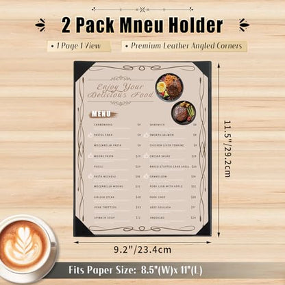 2 Pack Restaurant Menu Covers Holders 8.5" X 11", Single View Synthetic Leather Menu Holder Covers Book Style with Angled Corners Black for Wine List, Menu Sleeves Home Use (2, 1 Page) - size: 1 Page