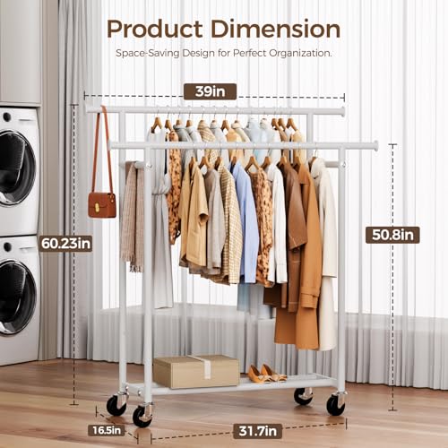 HYSEYY Clothes Rack, Double Rods Rolling Clothing Rack for Hanging Clothes, Portable Garment Rack with Wheels, Coat Rack Wardrobe Closet Load 240 LBS for Bedroom Laundry Room (White, L) - color: White