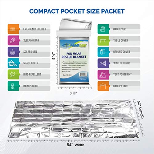 Primacare HB-10 Emergency Mylar Thermal Blankets – 10 Pack, 84" x 52", Silver – Reflective, Waterproof, Retains 90% Body Heat – for Survival, First Aid, Outdoors, Camping, EMS - color: Silver