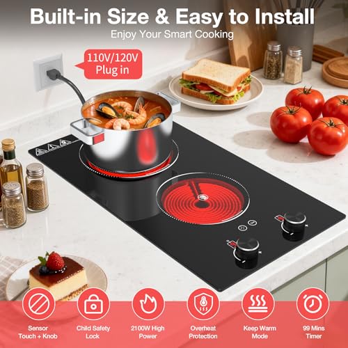 Electric Cooktop 2 Burner, GTKZW 2100W Electric Stove 110v Hot Plate - color: Black Electric Cooktop