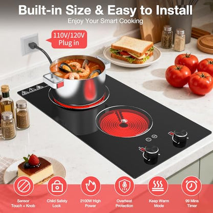 Electric Cooktop 2 Burner, GTKZW 2100W Electric Stove 110v Hot Plate - color: Black Electric Cooktop