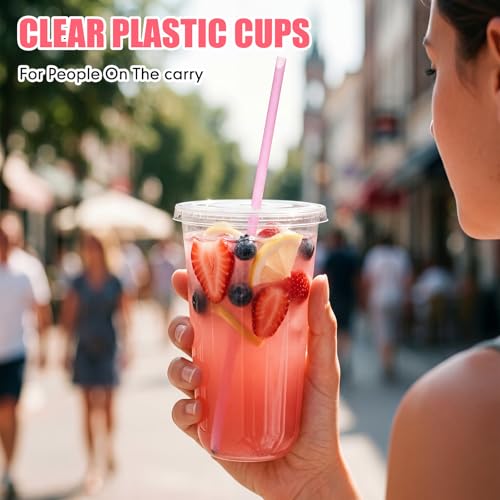 Ziliny 50 Pack 20 oz Plastic Cups with Lids Straws Iced Coffee, Pink - color: Pink, size: 20 oz
