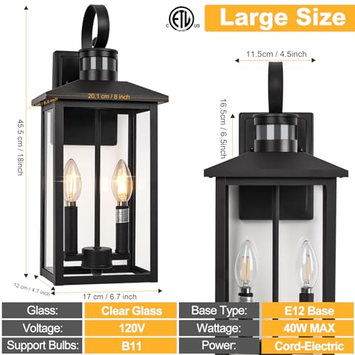 Large Motion Sensor Outdoor Wall Lights 18" Waterproof Outdoor Lamp - color: Black, size: Motion Sensor