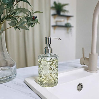 JASAI 2Pack Diamond Embossed Glass Soap Dispenser with 304 Rustproof Stainless Steel Pump, 12 OZ Bathroom soap Dispenser with A Wooden Tag, Elegant Hand Soap Dispenser for Bathroom & Kitchen