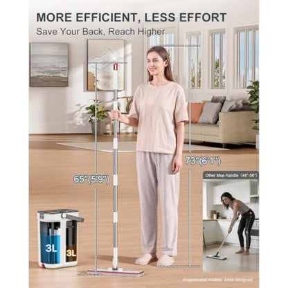 HoMettler 3-Tank Mop and Bucket Set with Separate Dirty & Clean Water, Flat Mop and Bucket System with Wringer, 65" Mops for Floor Cleaning, Safe for Hardwood, Vinyl, Tile, Walls - 4 Washable Pads - color: White-flat Mop With 4 Pads