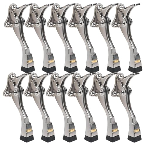 12 Packs Heavy Duty Kickdown Door Stopper, One Touch Adjustable Kickdown Door Stop for Heavy Doors, 4 in Metal Door Kickstand with Rubber Tip & Wall Protectors for Wide Doors - color: Satin Nickel, size: 4 inch x 12pack