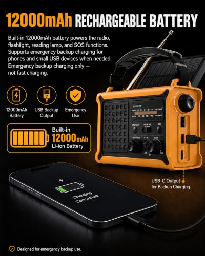 Emergency Radio with Hand Crank & Solar, NOAA Weather Band, AM/FM, 12000mAh - color: Yellow + Black