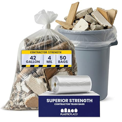 Plasticplace 42 Gallon Contractor Trash Bags │ 4.0 Mil │Clear Heavy Duty Garbage Bags │ 33" x 48" (50 Case) - color: Clear, size: 1 Count (Pack of 50)