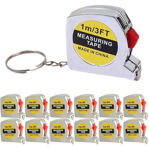 12 Pack Mini Tape Measure Keychains, 1.5 Inch Retractable Measuring Tapes with Lock, Small Functional Ruler for Party Favors, Gift Bags, Classroom Rewards, 1m/3ft