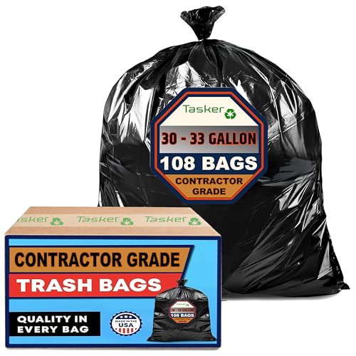 Trash Bags 30-33 Gallon Contractor 2 MIL Heavy Duty (Huge 108 Bags w/Ties) Construction Garbage Bags, 32-33 Gallon Trash Bags Heavy Duty Garbage Bags, Extra Large Trash Bag for Industrial & Commercial