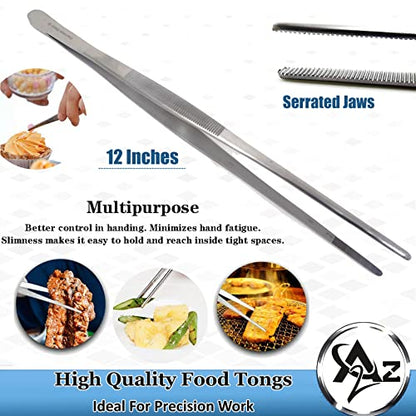 Professional Culinary Stainless Steel Precision Tongs with Serrated Tips, Plating/Food Presentation Detailing Serving Tongs, Chef's Kitchen Tweezer Tongs - Ultra Non-Slip Grip (12 Inch) - size: 12" Straight