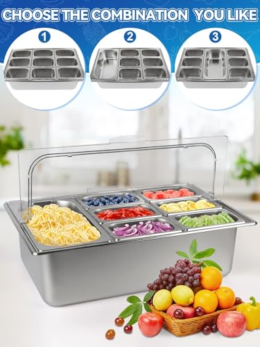 Kalolary 9 Grids Stainless Steel Topping Containers with Flip Lids
