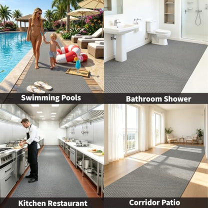 3x10ft PVC Drainage Floor Mat Pool Mat Non Slip Commercial Rubber Flooring Hollow Splash Matting Mesh Roll Wet Area Safety Mat for Outdoor Indoor Restaurant Kitchen Bathroom Garage Patio, Gray - size: 3x10ft