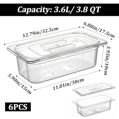 6 Pack 1/3 Size Plastic Clear Food Pans with Lids, 4 Inch Deep Stackable Commercial Food Storage Containers for Kitchen, Restaurant, Cafeteria Foods Prep, 3.77qt/ 3.57L
