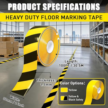 Floor Marking Tape, 1.1mm Extra Thick, Yellow & Black, 2 Inch x 100FT - color: Yellow and Black
