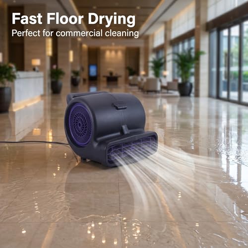 1/2 HP Air Mover Floor Blower Fan, 6000 CFM Carpet Dryer with Copper Motor, 3 Speed Dial Control, Carry Handle, Wide Outlet, Multi Angle Ventilation for Basement Garage Workshop Jobsite