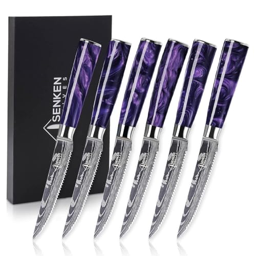 SENKEN Professional 6-Piece Steak Knife Set with Engraved Damascus Pattern, Razor Sharp Blade, High Carbon Steel with Gift Box (Purple) - color: Amethyst Purple