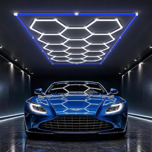 HYPERLITE Gen II Hexagon Garage Lights: 15 Grids with Border DIY Hexagon Led Lights, 6500K Ultra Bright, Easy Install Hex Light, Durable Design for Garage, Car Detailing, Workshops, Gym(Blue) - size: 15 HEX+Border(Blue)