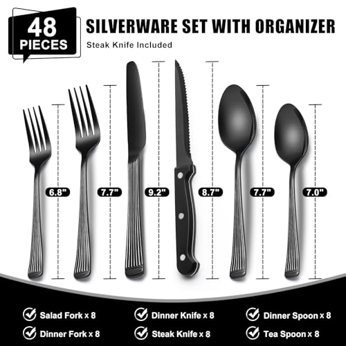 49-Piece Black Silverware Set with Organizer, Food-Grade Stainless Steel Black Flatware for 8, Cutlery Utensil Sets with Steak Knives, Rust-proof, Mirror Polished, Dishwasher Safe, Roman Column - style: Roman Column