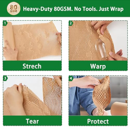 Honeycomb Packing Paper - Biodegradable Bubble Wrap Alternative 12"x200 FT, 80gsm with 20 Fragile Sticker Labels | Eco-Friendly Cushioning for Shipping, Moving & Small Business Packaging,Fragile Items - size: 12 Inch x 200 Feet