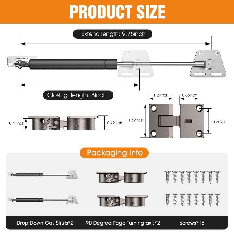 Drop Down Gas Spring Hinge, 90° Struts for Downward Cabinet Doors - color: Black