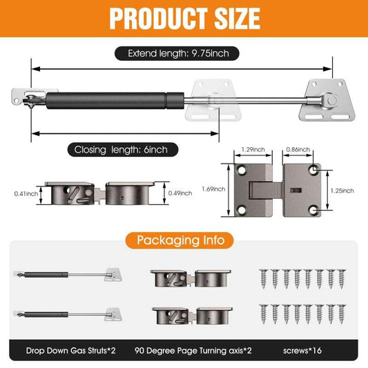 Drop Down Gas Spring Hinge, 90° Struts for Downward Cabinet Doors - color: Black