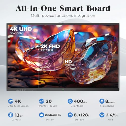 86'' Smart Board, 4K UHD Interactive Touchscreen Whiteboard, Android 14 8+128GB Wireless Smartboard for Classroom Home Office Studio - size: 85"