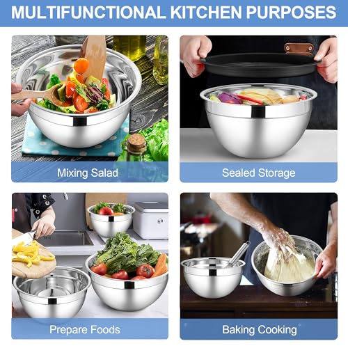 LIANYU Mixing Bowls with Lids Set of 6, Stainless Steel Nesting Metal Bowl - color: Black, style: Atlas Base with Airtight Lids