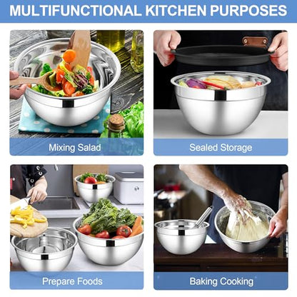 LIANYU Mixing Bowls with Lids Set of 6, Stainless Steel Nesting Metal Bowl - color: Black, style: Atlas Base with Airtight Lids
