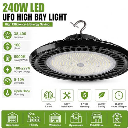240W LED UFO High Bay Light, 38,400 Lumens, 4000K/5000K/5700K Selectable - color: 240W, size: 100-277V