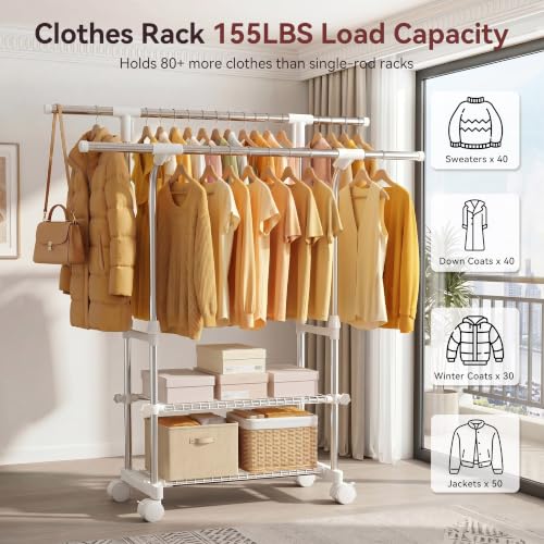 RORA Clothes Rack, Double Rod Rolling Clothing Racks for Hanging Clothes
