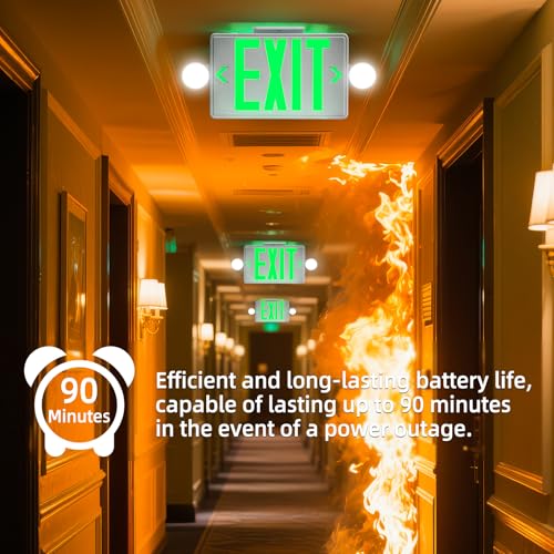 Green LED Exit Sign Emergency Light Combo UL, 4 Pack - color: White Housing+Green Letter+Light, size: 4 Pack