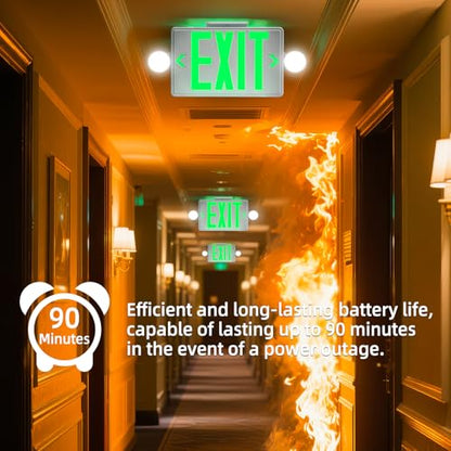 Green LED Exit Sign Emergency Light Combo UL, 4 Pack - color: White Housing+Green Letter+Light, size: 4 Pack