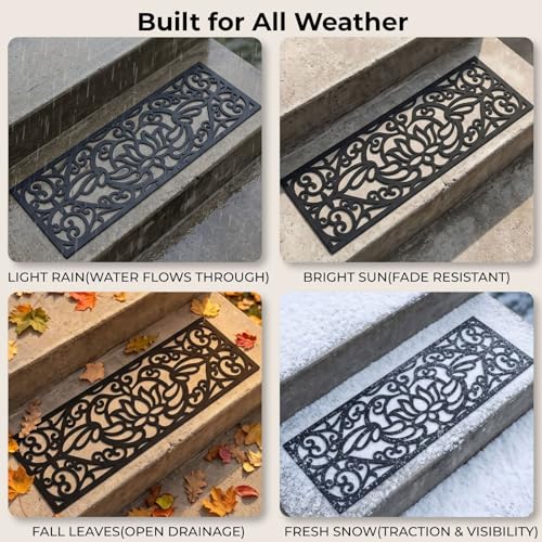 YOUEON 4 Pcs Rubber Stair Treads Non-Slip for Indoor & Outdoor Stairs, 29 x 9.5 Inch Heavy Duty Decorative Step Mats with Assembly Kits, Weather Resistant, Easy to Clean, Lotus Cutout, Black