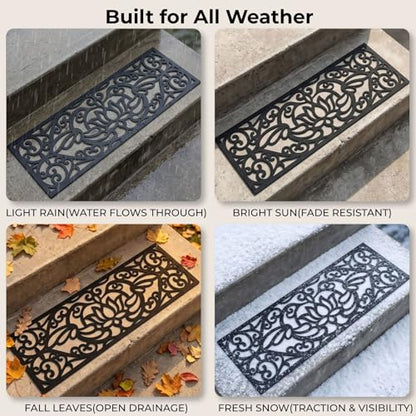 YOUEON 4 Pcs Rubber Stair Treads Non-Slip for Indoor & Outdoor Stairs, 29 x 9.5 Inch Heavy Duty Decorative Step Mats with Assembly Kits, Weather Resistant, Easy to Clean, Lotus Cutout, Black
