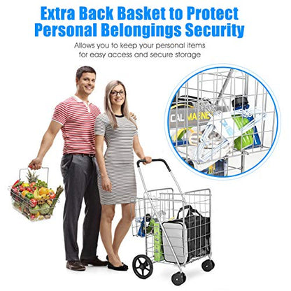 S AFSTAR Folding Shopping Cart, Metal Grocery Cart w/Extra Basket & 360° Swivel Wheels & Non-Slip Handle, Heavy Duty Utility Cart for Grocery Laundry Book Luggage (Silver) - color: Silver