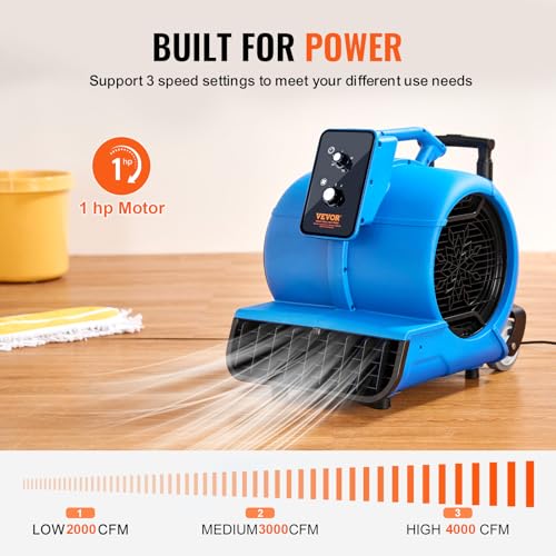 VEVOR Air Mover, 1 HP 4000 CFM Carpet Dryer for Cooling and Ventilating, Portable Floor Blower Fan with 3 Blowing Angles and Time Function, for Janitorial, Home, Commercial Use - size: 4000 CFM (1 HP)