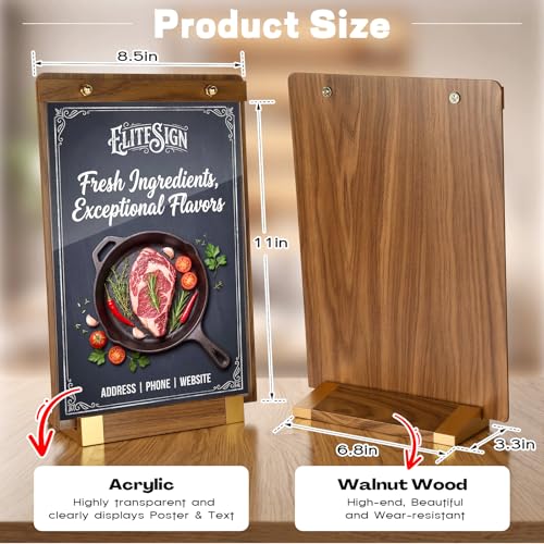 Sliner 6 Pcs 8.5 x 11 Inches Acrylic Sign Holders with Walnut Wood Base Clear Acrylic Frame Display Stand Table Stand for Menu Poster Flyer Restaurant Office Coffee Shop Store Bar - size: 8.5 x 11 Inches