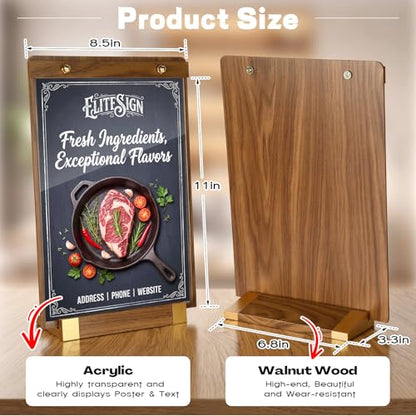 Sliner 6 Pcs 8.5 x 11 Inches Acrylic Sign Holders with Walnut Wood Base Clear Acrylic Frame Display Stand Table Stand for Menu Poster Flyer Restaurant Office Coffee Shop Store Bar - size: 8.5 x 11 Inches