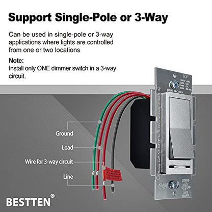 BESTTEN 5 Pack Matte Silver Dimmer Light Switch, Single Pole or 3-Way - color: Matte Silver