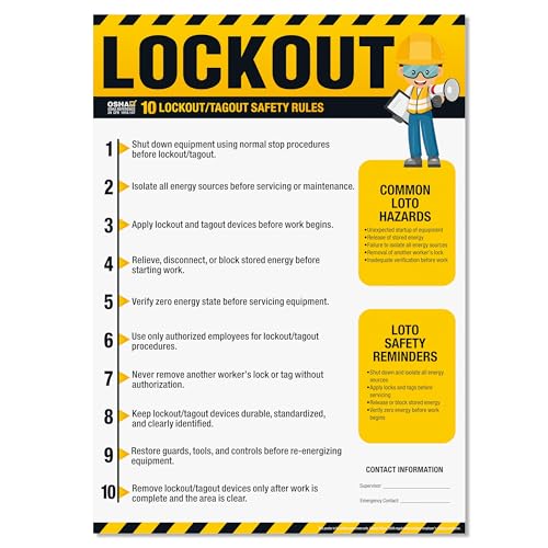 Lockout Tagout Poster – OSHA LOTO Guide Chart, 10 Rules Lockout Tagout Safety Guidelines for Maintenance, Hazardous Energy Control & Workplace Training Sign Waterproof, Tear-Resistant - size: Lockout