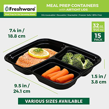 Freshware Meal Prep Containers with Lids [15 Pack] 3 Compartment, Food Storage Containers, Bento Box, BPA Free, Stackable, Microwave/Dishwasher/Freezer Safe (32 oz) - size: 3-COMP-32OZ-15PK