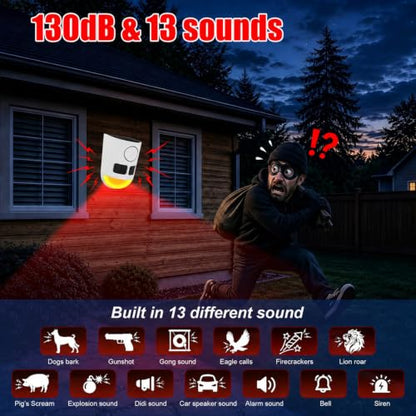 Solar Motion Sensor Alarm with Strobe Light, 130dB Outdoor Security Alarm System, 13 Alarm Sounds with Remote Control, Solar Powered, Waterproof PIR Motion Detector for Farm Yard Garden Orchard.1PCS