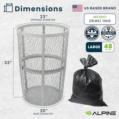 Alpine 48 Gallon Commercial Outdoor Mesh Trash Can – Open Top Weather Resistant Heavy Duty Metal Wire Garbage Receptacle for Parks and City Streets - Silver - color: Silver